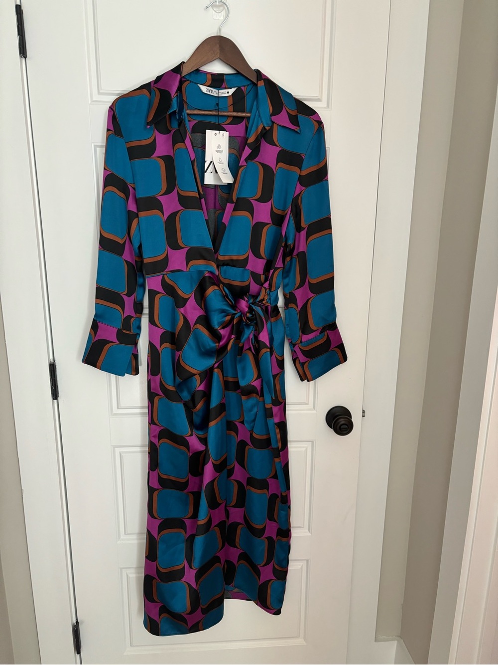 Zara Teal, Purple & Black Geometric Wrap Dress